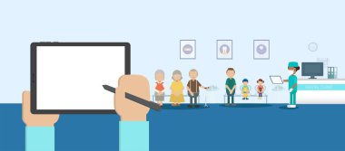 Diş kliniği düz tasarım vektör illüstrasyonunda boş ekran tableti