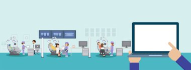 Diş kliniği düz tasarım vektör illüstrasyonunda boş ekran defteri