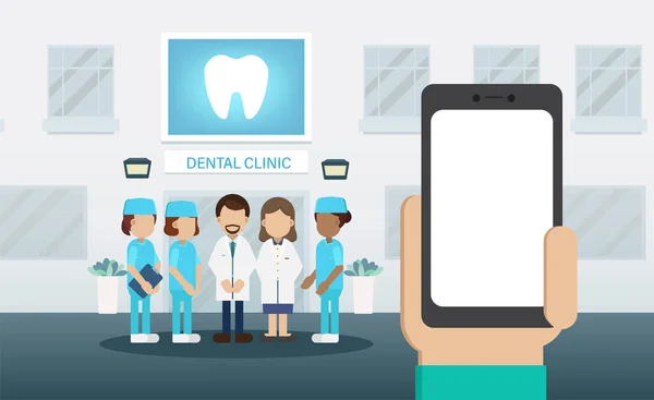 歯科医院フラットデザインベクトルイラストとブランクスクリーン携帯電話 — ストックベクタ