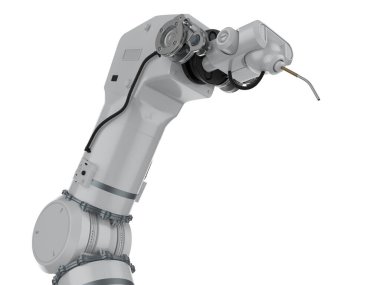 Beyaz arkaplanda 3 boyutlu kaynak robotu veya robotik kol izole edildi