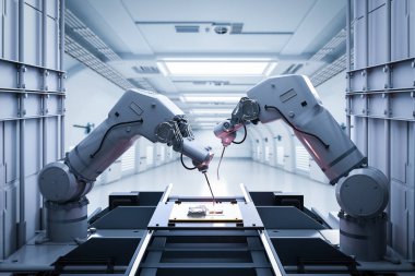Otomasyon endüstrisi konsepti fabrikada robot üretim hattı ile