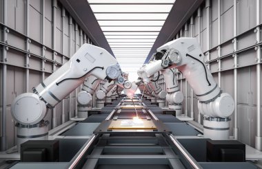 Otomasyon endüstrisi konsepti fabrikada robot üretim hattı ile
