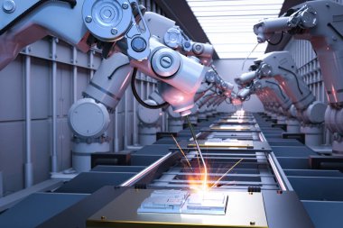 Otomasyon endüstrisi konsepti fabrikada robot üretim hattı ile
