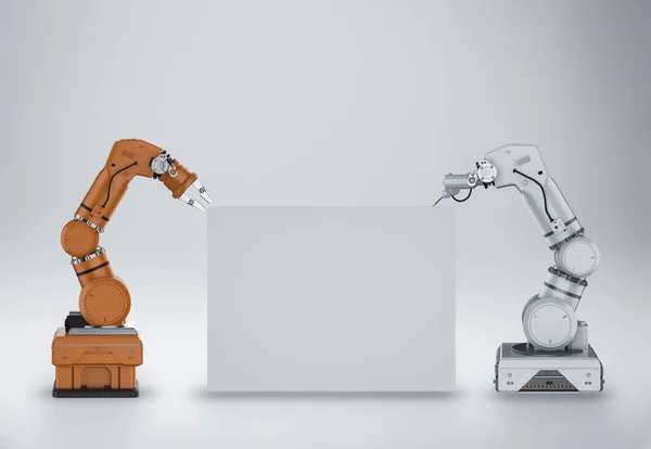 3d rendering robot arms with white blank board