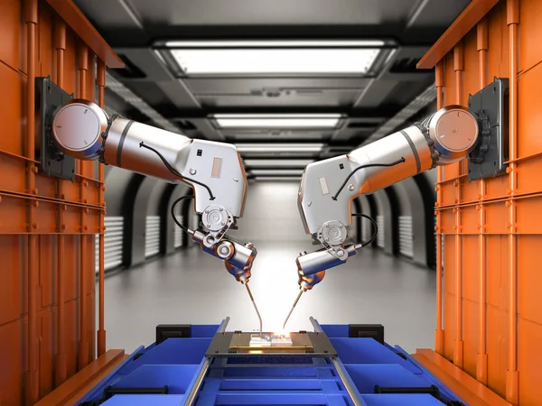 Koncepcja Przemysłu Automatyki Linią Montażową Robota Fabryce — Zdjęcie stockowe