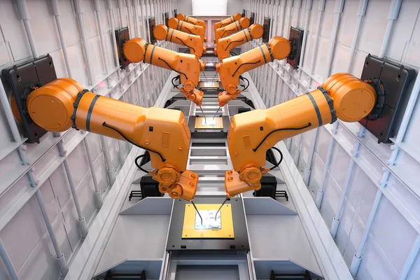 Concepto Industria Automatización Con Línea Montaje Robots Fábrica —  Fotos de Stock