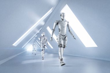 Teknoloji geliştirme konsepti 3 boyutlu sayborg grubuyla yürüyor 