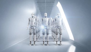 3D robot montajı ya da beyaz fabrikadaki bir grup cyborg