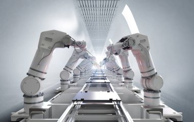 Otomasyon endüstrisi konsepti fabrikada 3 boyutlu robot üretim hattıyla