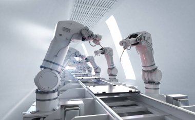 Otomasyon endüstrisi konsepti fabrikada 3 boyutlu robot üretim hattıyla