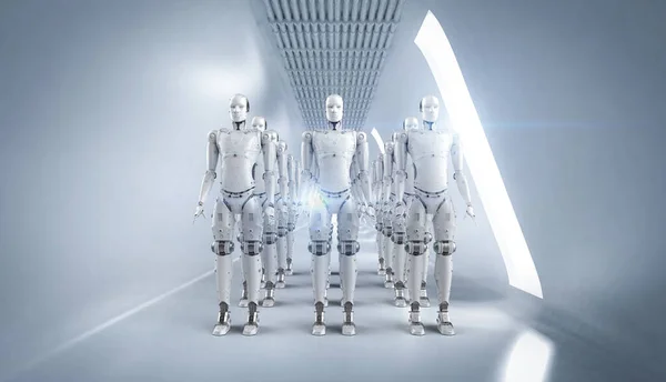 Renderizado Robot Conjunto Grupo Cyborgs Fábrica Blanca —  Fotos de Stock
