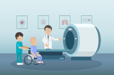 Hasta ve tomografi tarayıcı düz tasarım vektör çizimi olan doktor