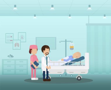 Doktor ve hasta düz dizayn vektör illüstrasyonlu kanser koğuşu
