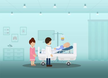 Hasta düz dizayn vektör çizimi olan kemoterapi odası.