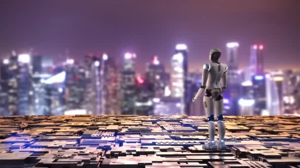 Robô com fundo cityscape — Vídeo de Stock