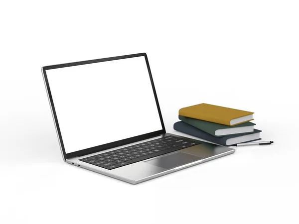 Rendering Leerer Bildschirm Computer Notebook Mit Stapel Von Büchern — Stockfoto