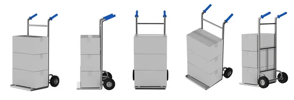 白い上に隔離された小包ボックス付きハンドトラックの3Dレンダリングセット — ストック写真
