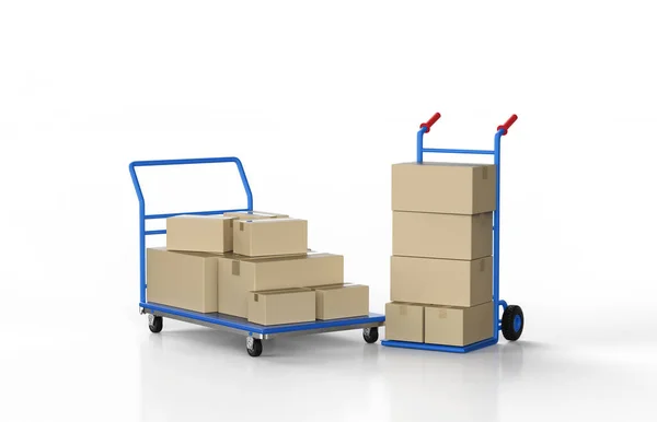 Rendering Hand Truck Parcel Boxes White Background — Stock Photo, Image