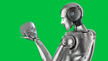 Yeşil ekran 4k görüntülerinde insan kafatasına bakan 3D görüntüleme robotu