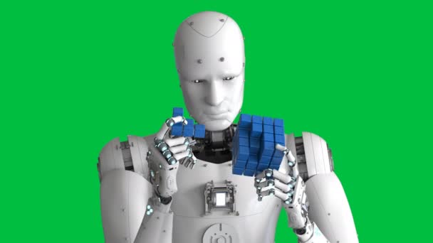 3Dレンダリングヒューマノイドロボット再生キューブパズル上の緑の画面4K映像 — ストック動画
