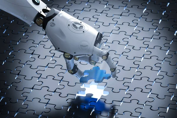 3d rendering robot filling piece of jigsaw