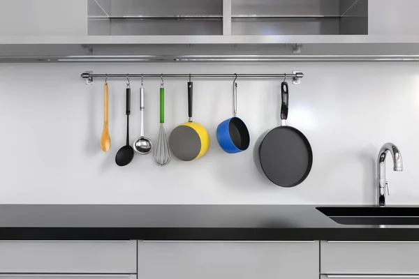 Рендеринг Кухонной Стойки Посудой Белой Стене — стоковое фото