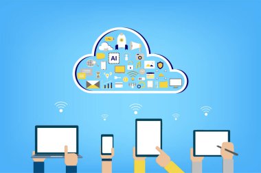 Bulut ve simge vektör illüstrasyonlu bulut hesaplama teknolojisi