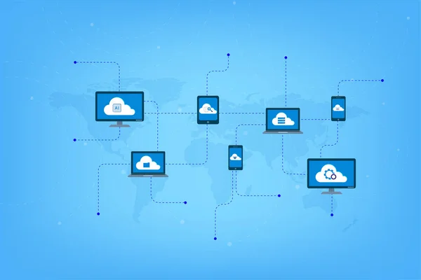 Tecnología Computación Nube Con Ilustración Vectorial Dispositivos Digitales — Archivo Imágenes Vectoriales