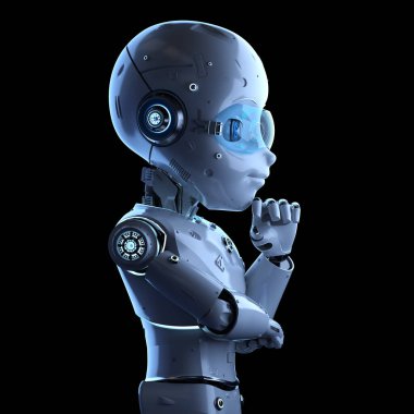 Çizgi film karakteri düşünen ya da analiz eden 3 boyutlu sevimli robot ya da yapay zeka robotu