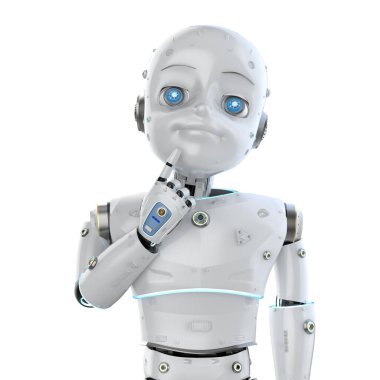 Çizgi film karakteri düşünen ya da analiz eden 3 boyutlu sevimli robot ya da yapay zeka robotu