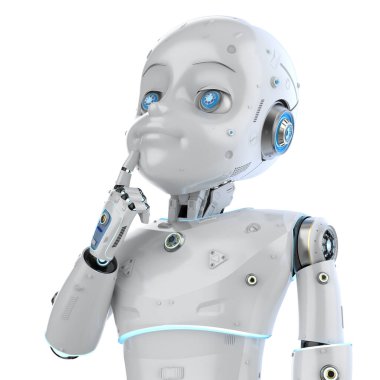 Çizgi film karakteri düşünen ya da analiz eden 3 boyutlu sevimli robot ya da yapay zeka robotu