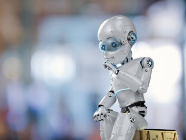 Çizgi film karakteri düşünen ya da analiz eden 3 boyutlu sevimli robot ya da yapay zeka robotu