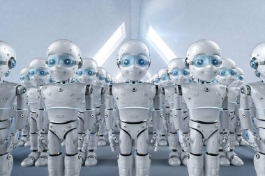 Çizgi film karakteri olan 3D sevimli robot grubu 