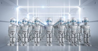 Çizgi film karakteri olan 3D sevimli robot grubu 