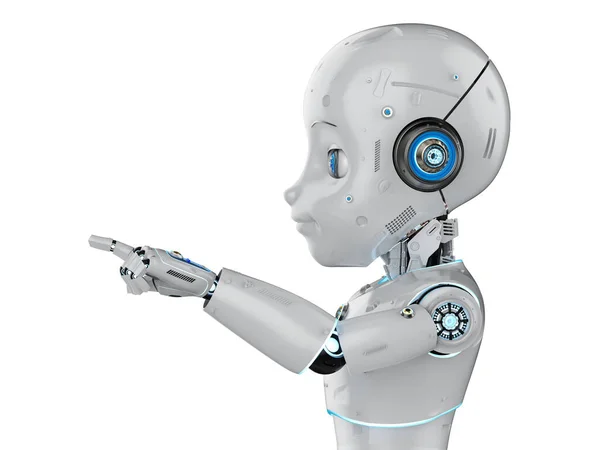 Renderowania Cute Robot Lub Sztuczna Inteligencja Robot Kreskówek Znak Palec — Zdjęcie stockowe