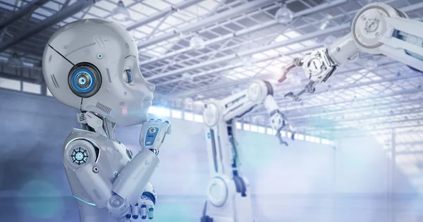 렌더링귀여운 공장에 캐릭터가 인공지능 로봇으로 자동화 — 스톡 사진