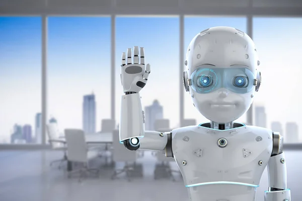 Concepto Trabajador Oficina Automatización Con Saludo Robot Lindo Renderizado —  Fotos de Stock
