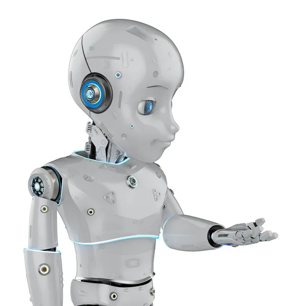 Рендеринг Милый Робот Искусственный Интеллект Робот Мультяшным Персонажем Открытой Рукой — стоковое фото