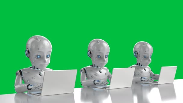 Grupo Renderização Robôs Bonitos Intelligencerobot Artificial Trabalhando Com Notebook Computador — Vídeo de Stock
