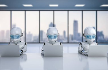 Otomasyon bürosu çalışanı konsepti. 3 boyutlu sevimli robot grubu bilgisayar defteri ile çalışıyor.