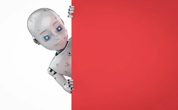 Απόδοση Χαριτωμένο Ρομπότ Τεχνητή Νοημοσύνη Ρομπότ Κόκκινο Κενό Πίνακα — Φωτογραφία Αρχείου