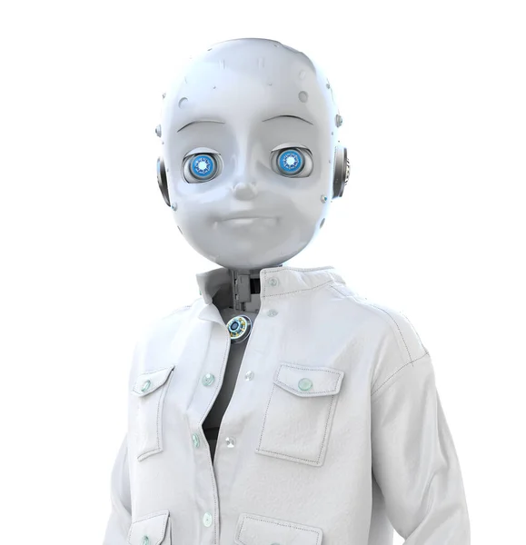 Sevimli Robot Teknisyen Karakteri Için Beyaz Tulum Giyiyor — Stok fotoğraf