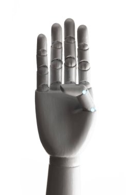 Beyaz robot el beyaz arkaplanda izole edilmiş dört parmak gösteriyor