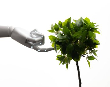 Beyaz üzerinde yeşil yapraklı robot kolu olan ekoloji teknolojisi kavramı