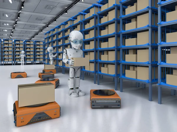 Automatic warehouse concept with 3d rendering automation robot work in warehouse