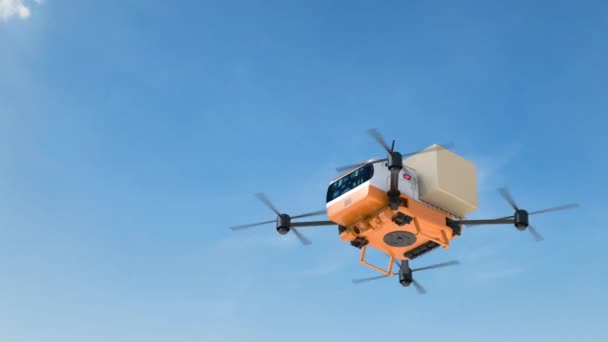 Drone Entrega Robot Que Sostiene Caja Cartón Imágenes Cielo — Vídeo de stock
