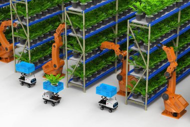 3 boyutlu serada robot kolu olan tarım teknolojisi kavramı