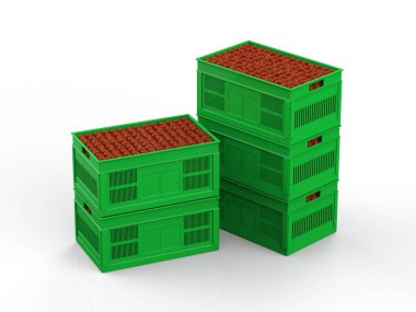 Beyaz arkaplanda plastik sandıkta 3D kırmızı elma yığını