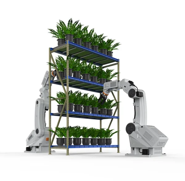 温室内で3 Dレンダリングロボットアームと農業技術の概念 — ストック写真
