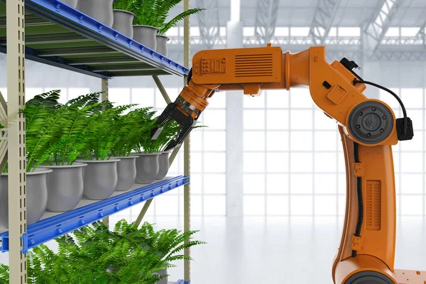 温室内で3 Dレンダリングロボットアームと農業技術の概念 — ストック写真